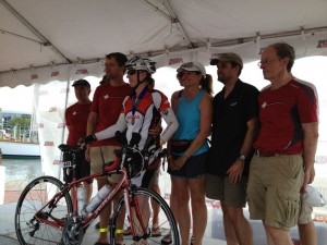 On the stage at the finish